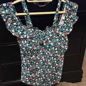 Lands' End Black Floral Ruffle One-Piece Swimsuit